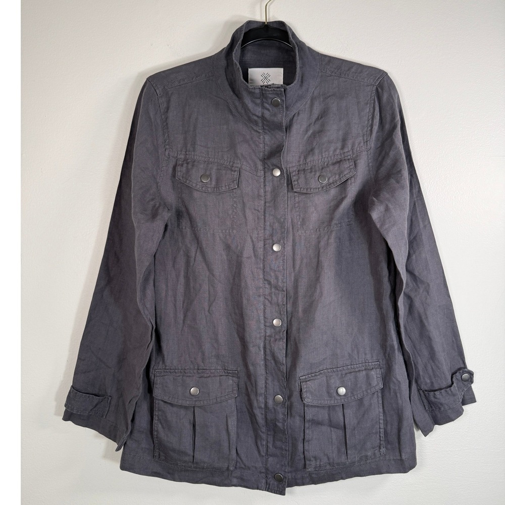 Artisan NY Linen Safari Jacket Mens Medium Charcoal Gray Mock Field EUC